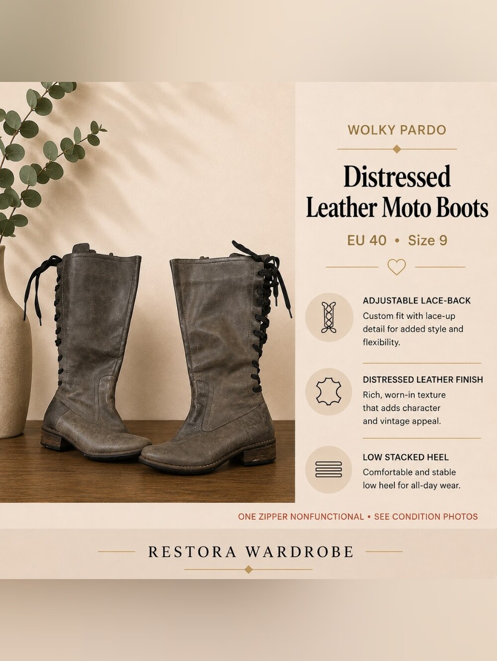 Wolky Pardo Moto Knee High Boots Lace Up Distressed Leather Gray EU 40